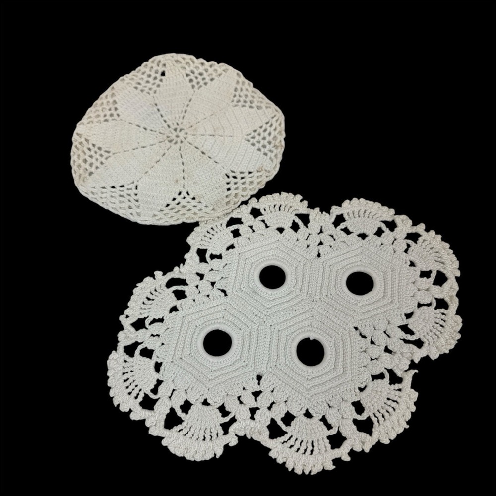 2 Vintage Off White Hand Crocheted Cotton Doily Crochet Round And Oval